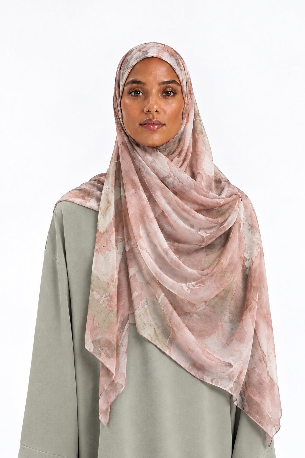 Floral Blush pink floral print hijab worn by a model – Maison Nounout